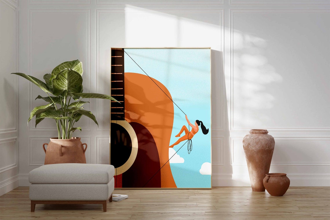 Minimalist Woman Rock Climbing Orange Cliff Abstract Art Poster - Image 3