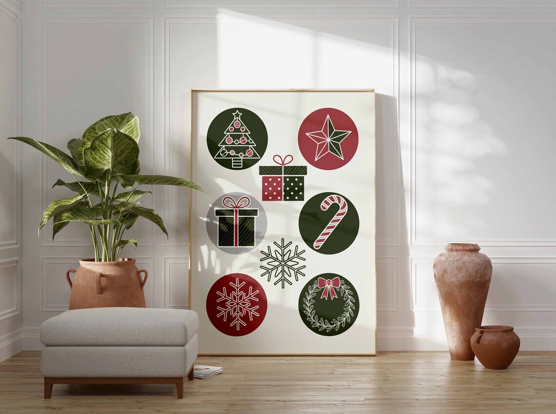 Mid Century Modern Christmas Badge Icons Tree Star Art Poster - Image 3