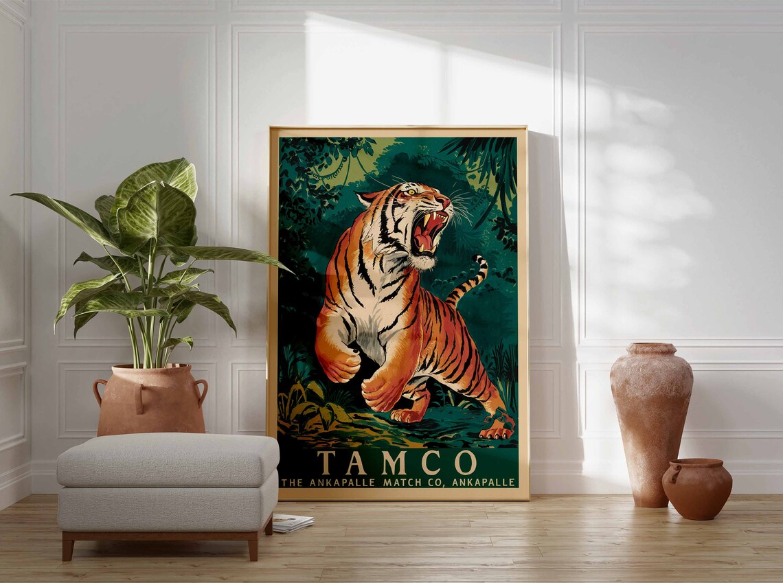 Tamco Tiger Roaring Jungle Vintage Indian Matchbox Art Poster - Image 3