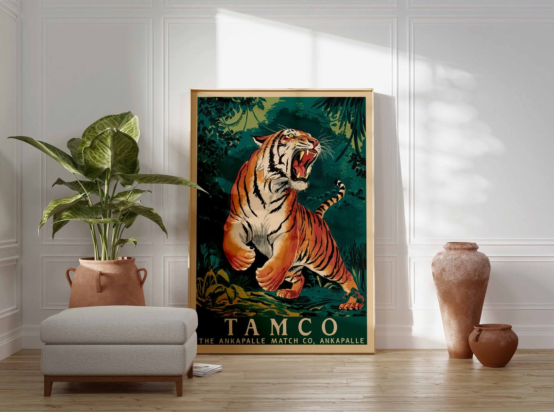 Vintage Tiger Print Indian Tiger Poster Tamco Matchbox Art Animal Print Animal Poster Animal Art Tropical Decor Jungle Art Tiger Art - Image 3