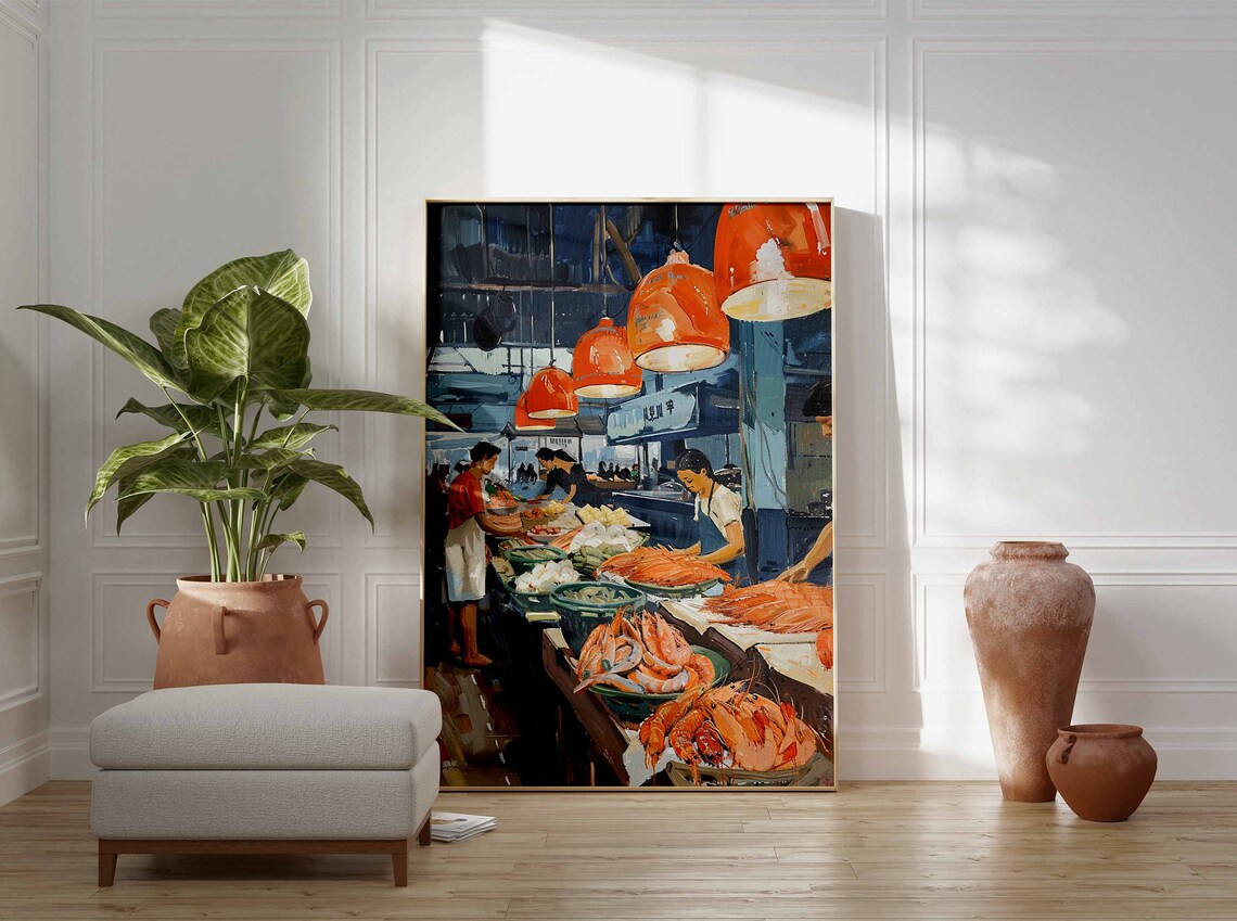 Asian Seafood Market Vendors Shrimp Stalls Bustling Painting Poster - Image 3