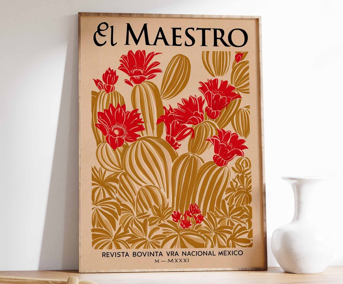 El Maestro Golden Cactus Red Blooms Vintage Mexico Poster Art