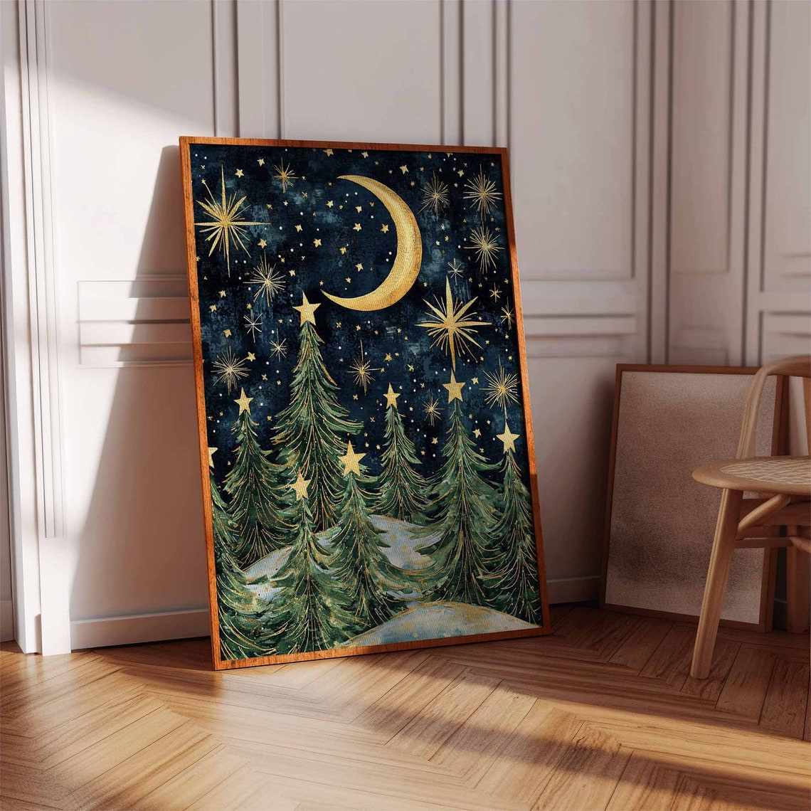 Christmas Winter Night Pine Trees Starry Sky Gold Moon Poster - Image 2