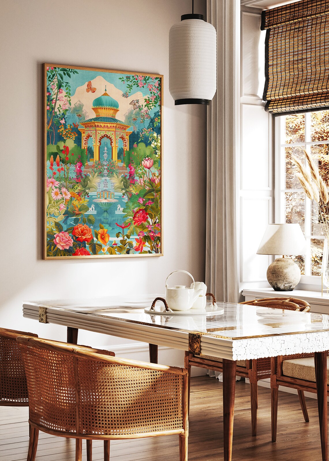 Indian Palace Garden Pavilion Colorful Floral Traditional Print - Image 2