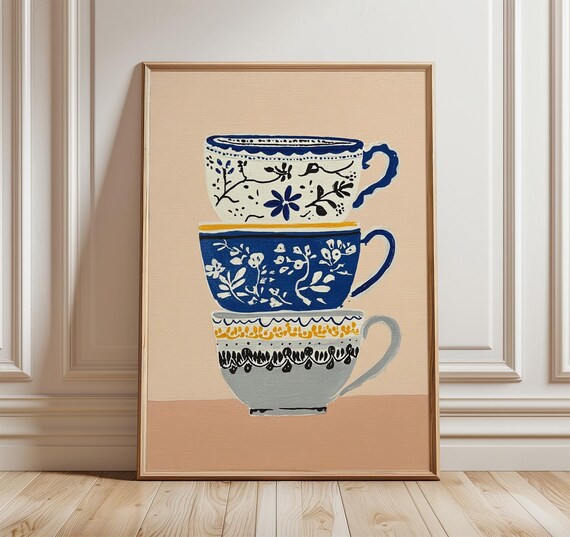 Stacked Floral Teacups Illustration Poster Blue Kitchen Decor Art