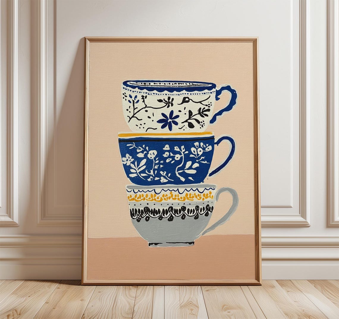 Stacked Floral Teacups Illustration Poster Blue Kitchen Decor Art