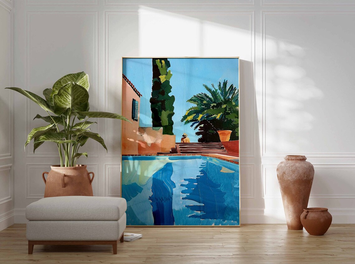 Blue Swimming Pool Mediterranean Villa Painting Poster Summer Swim Art - Image 2