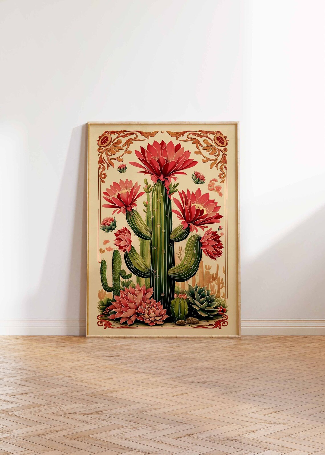 Tall Columnar Cactus With Red Blossoms Ornamental Floral Poster Art - Image 3