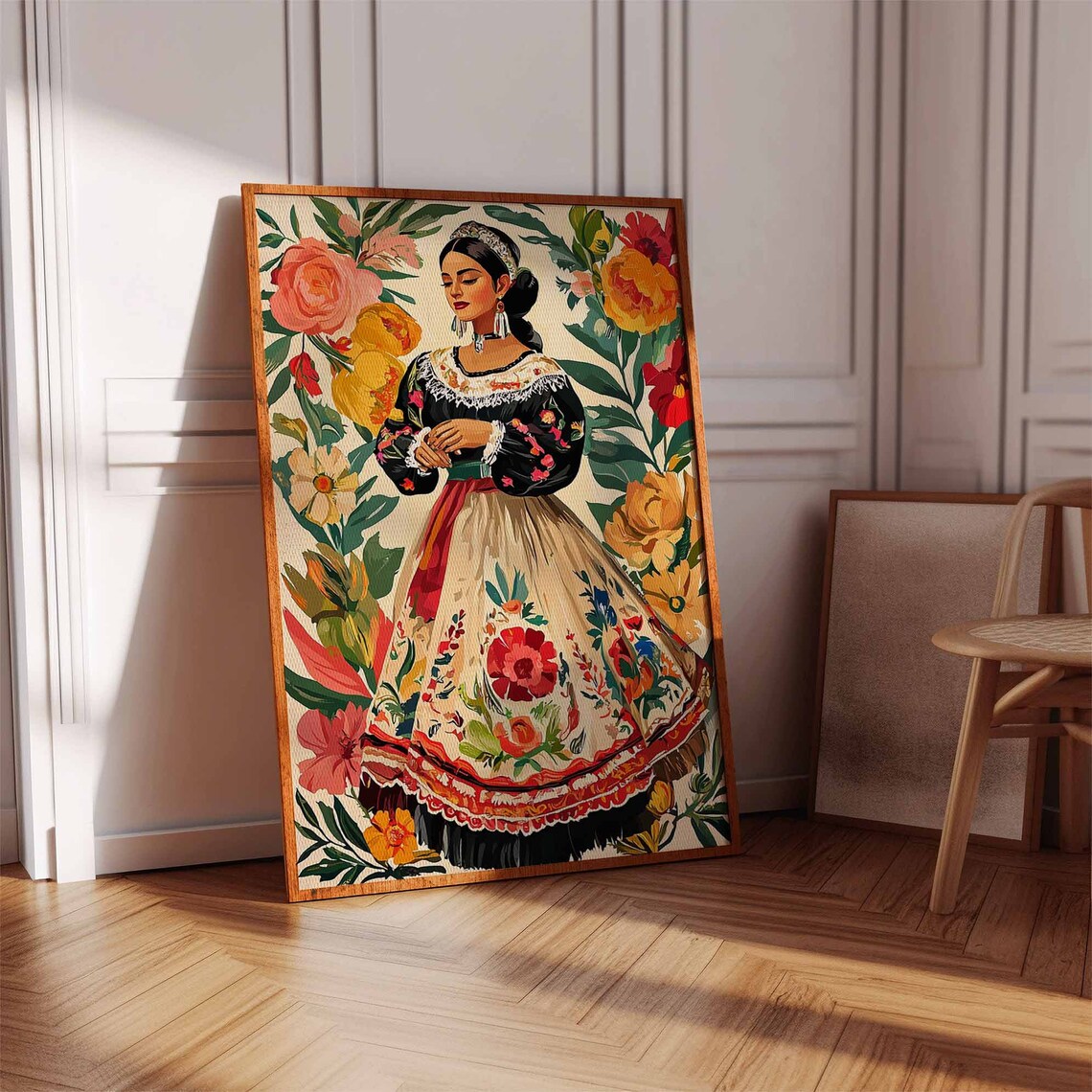 Beautiful Latina Woman in Embroidered Dress Floral Folk Art Poster - Image 3