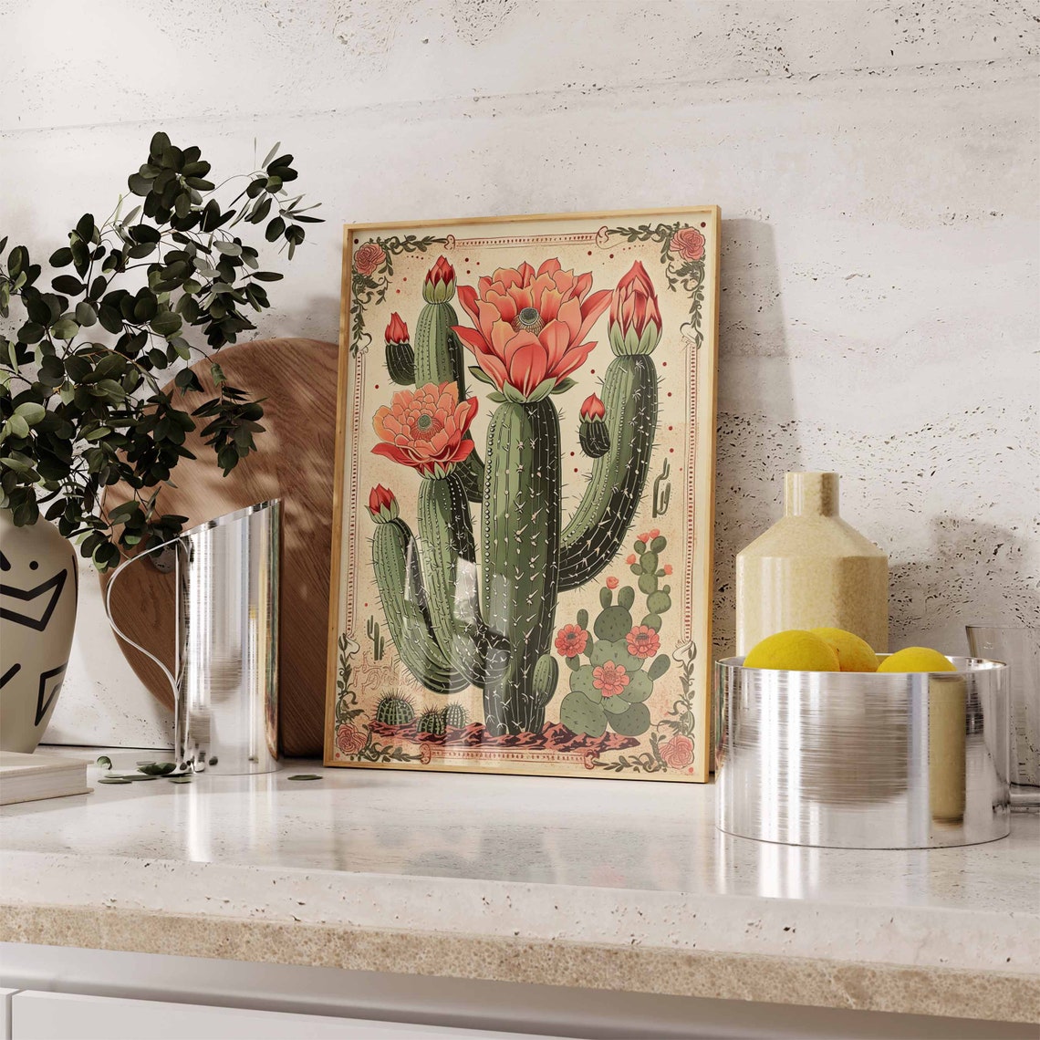 Vintage Mexican Cactus Blossom Botanical Border Desert Art Poster - Image 2