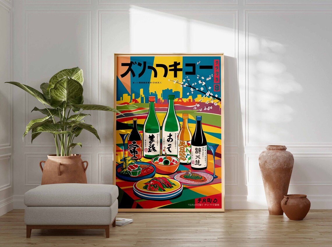 Japanese Sake Bottles Sushi Retro Feast Colorful Banquet Art Poster - Image 3