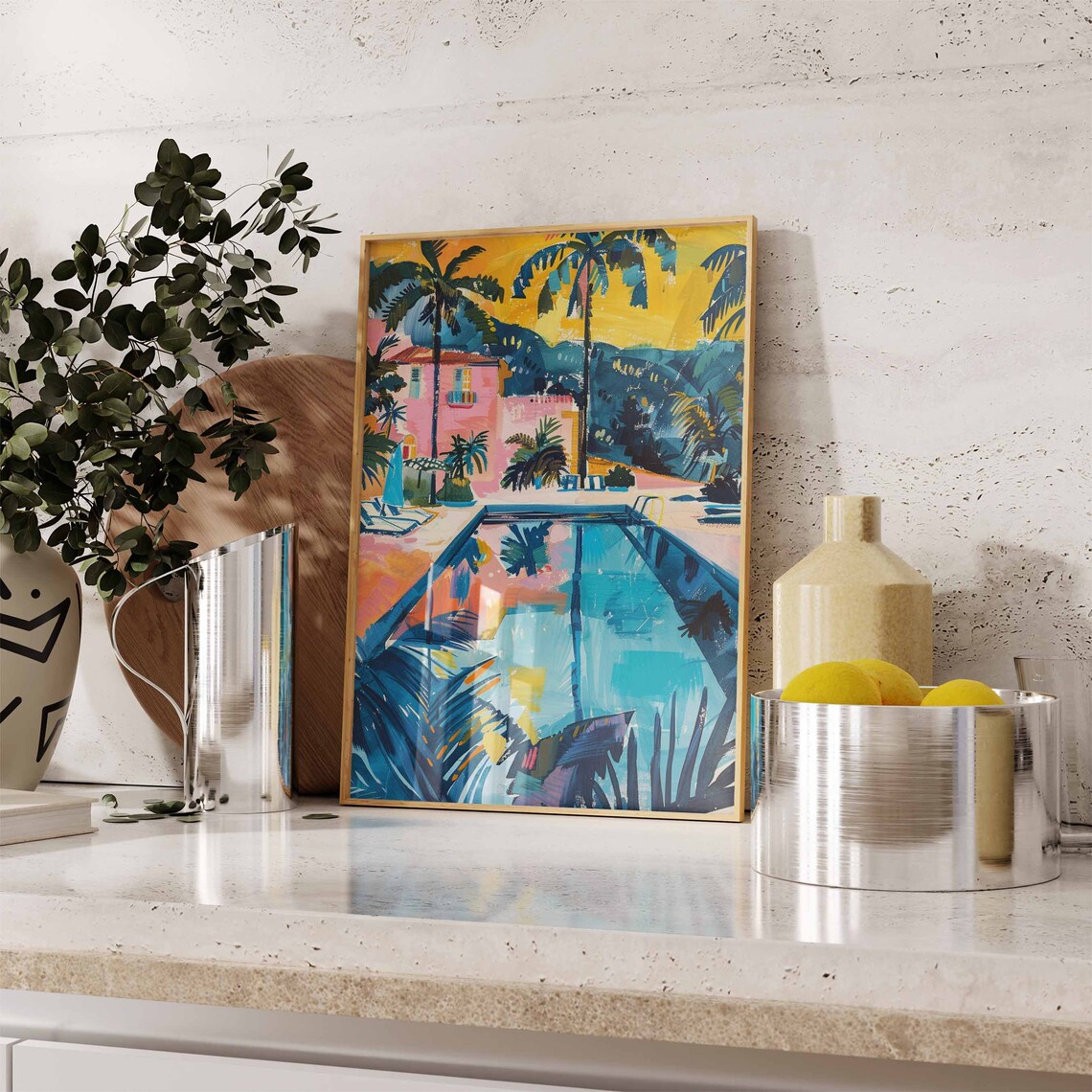 Tropical Pool Pink Villa Palm Trees Golden Sky Retreat Art Poster - Image 2