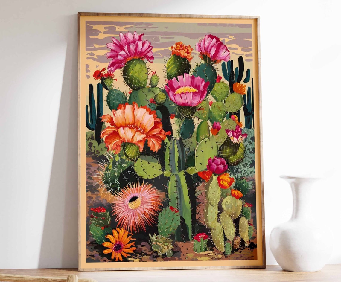 Prickly Pear Cactus Pink Blooms Vintage Botanical Art Poster