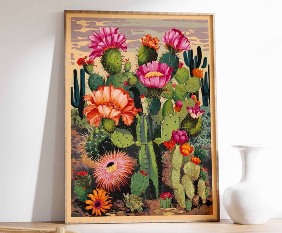 Prickly Pear Cactus Pink Blooms Vintage Botanical Art Poster