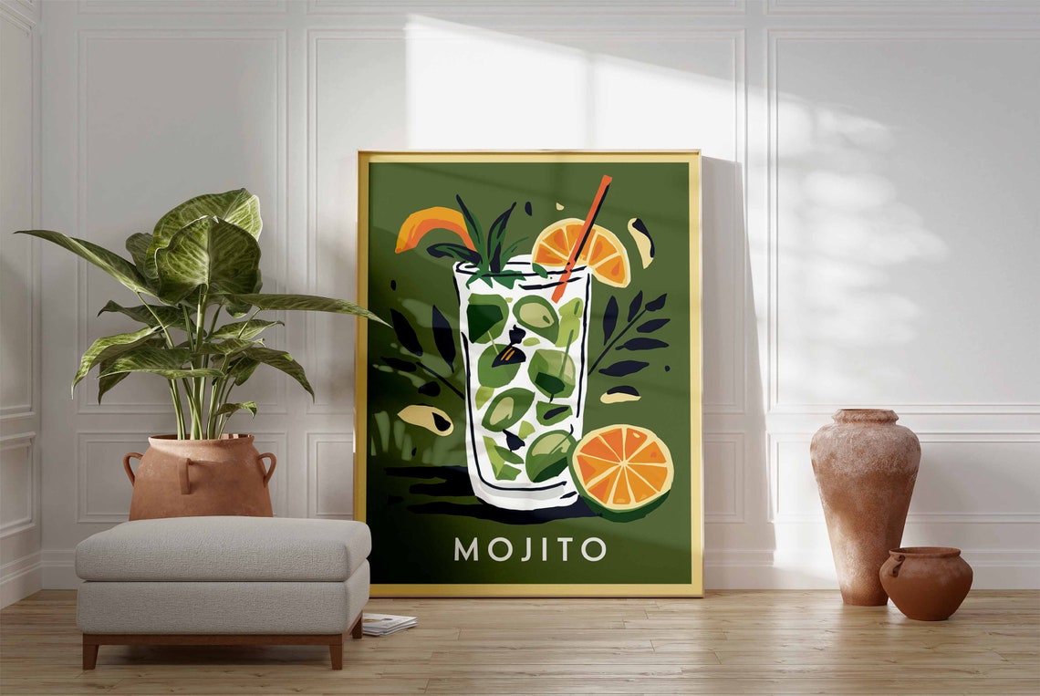 Mojito Cocktail Tall Glass Citrus Dark Green Bar Poster Decor - Image 3