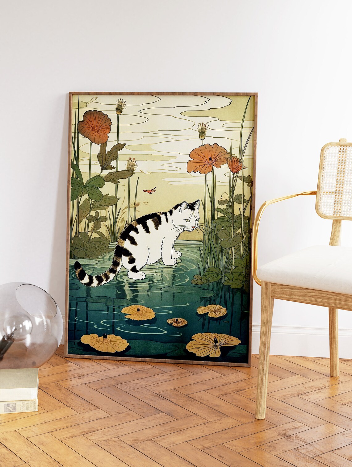 Japanese Cat by Lotus Pond Vintage Ukiyo-e Style Animal Art Poster - Image 2