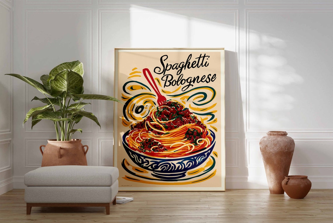 Spaghetti Bolognese Twirl Blue Bowl Script Lettering Food Poster - Image 3