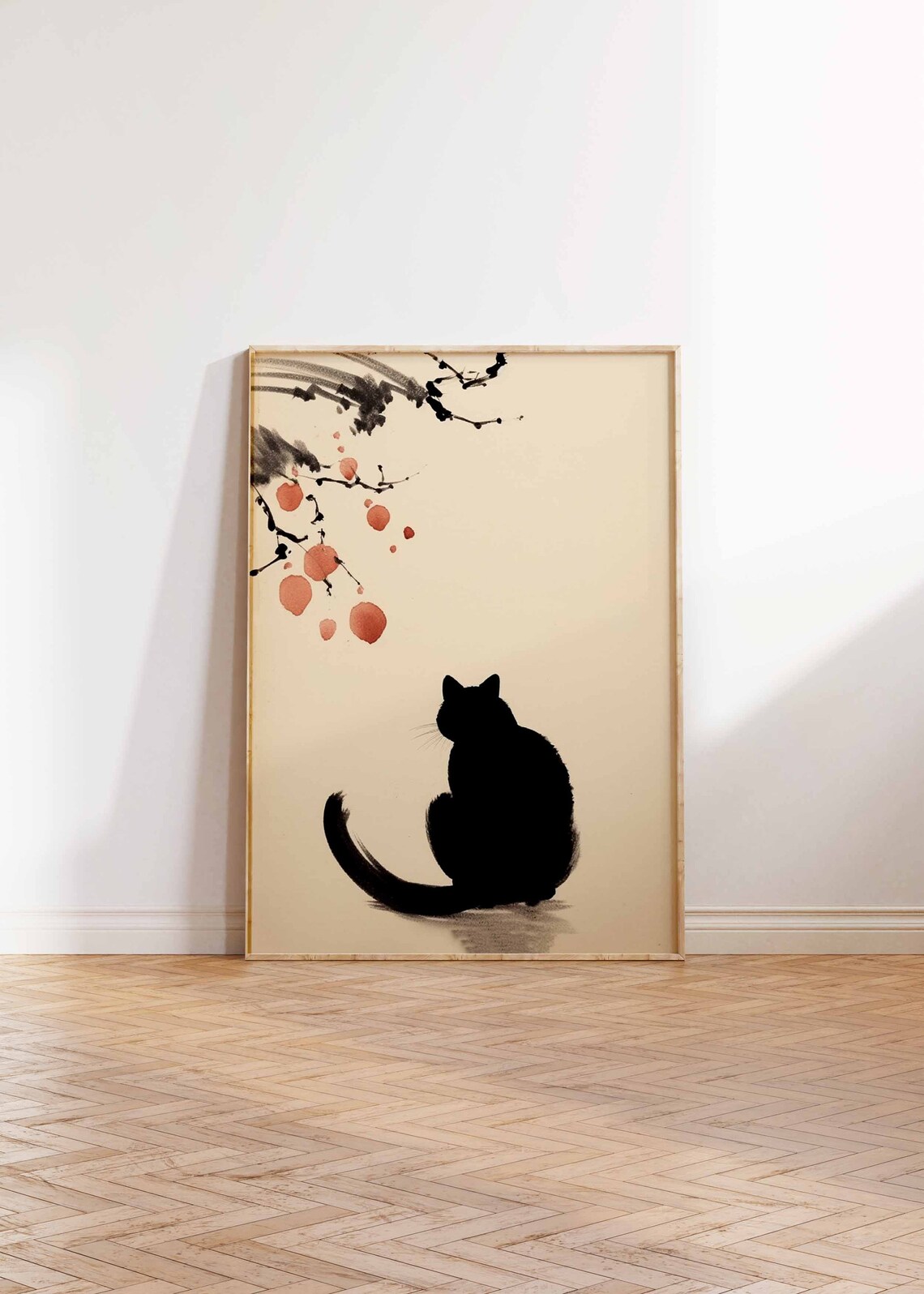 Black Cat Silhouette Japanese Ink Style Minimalist Animal Poster - Image 2