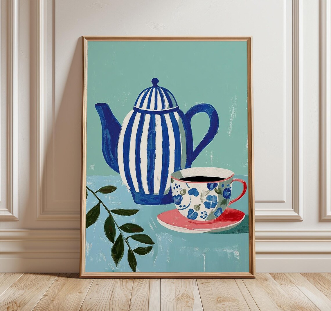 Blue Striped Teapot and Floral Cup Watercolor Kitchen Wall Poster