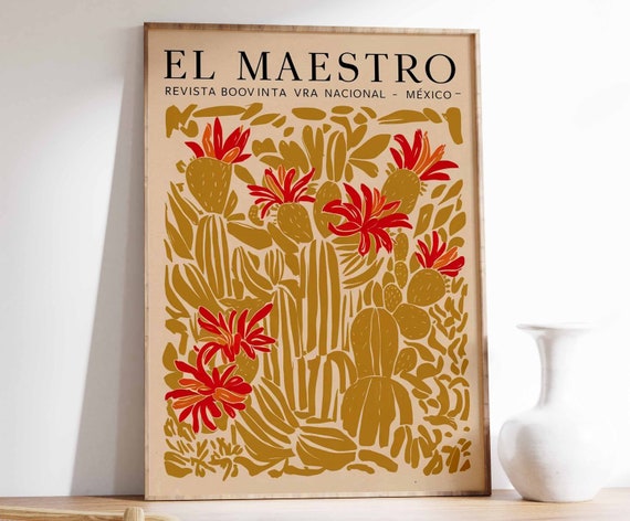 El Maestro Mexico Gold Cactus Woodblock Retro Art Poster Collection