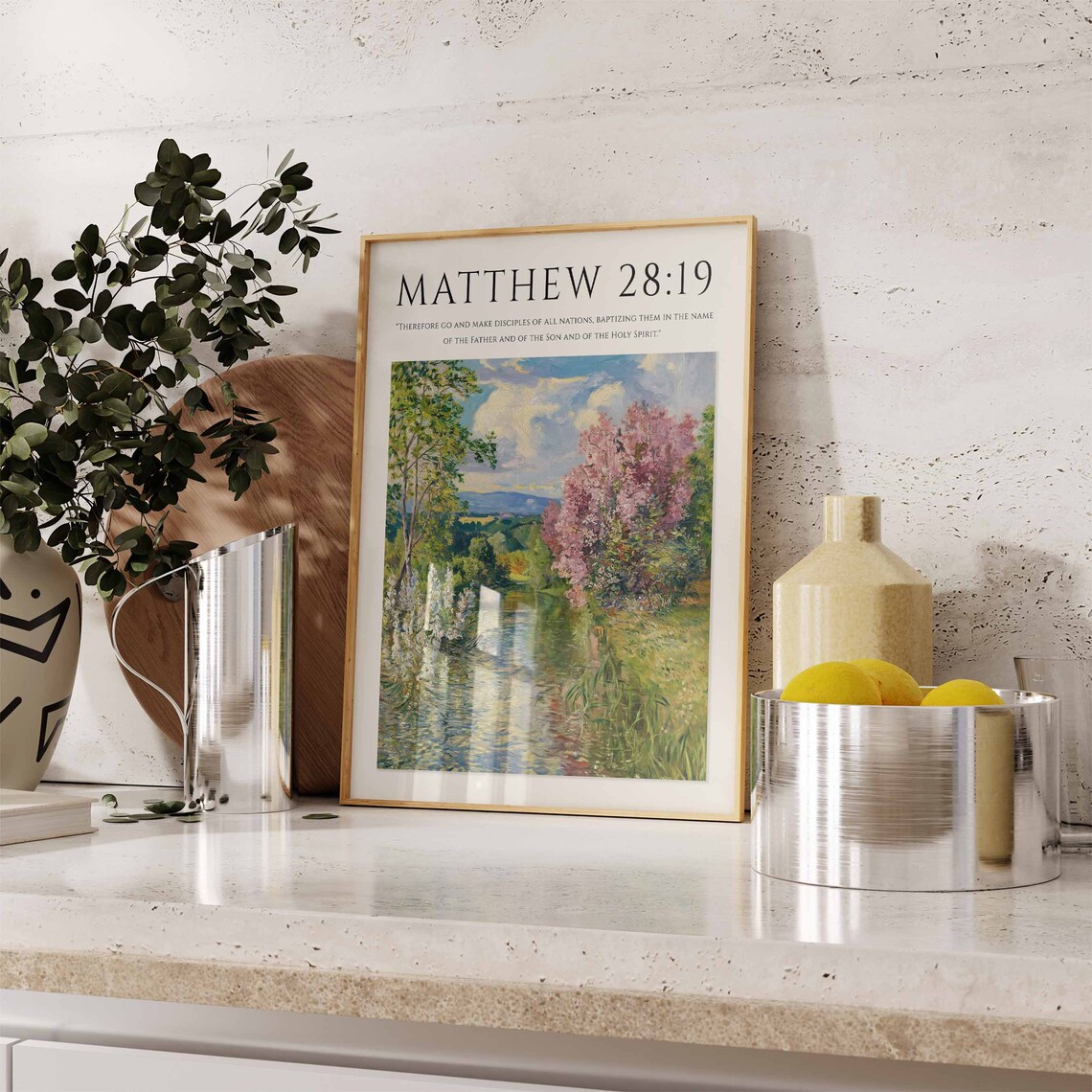 Matthew 28:19 Bible Verse Spring Blossom Lake Landscape Art Print - Image 3