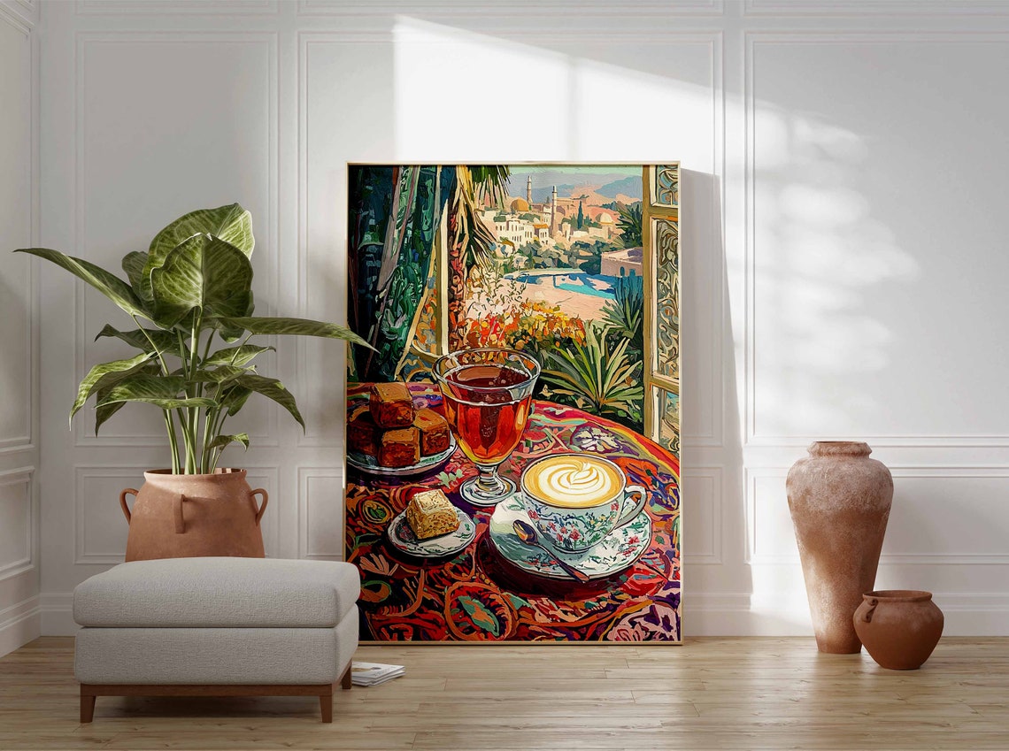 Middle Eastern Tea and Coffee with Baklava City View Art Poster - Image 3