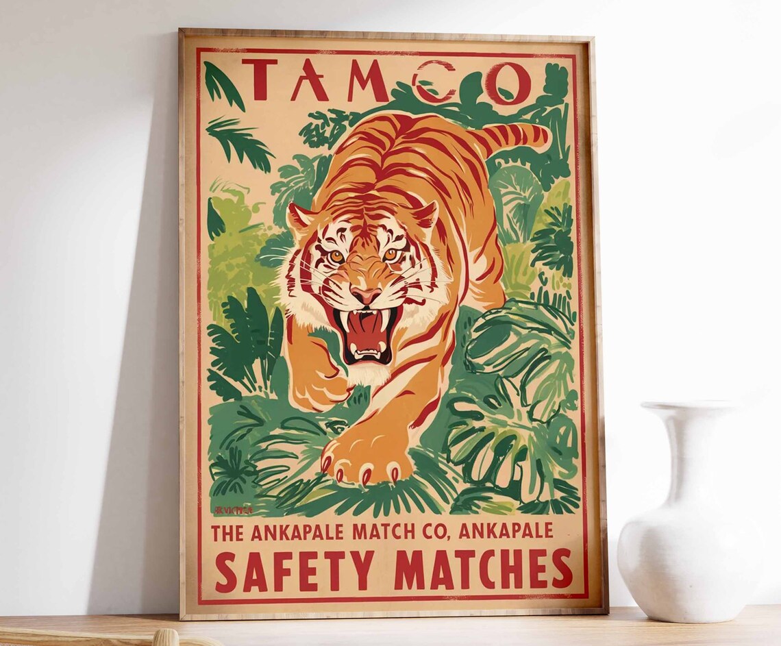 Vintage Tiger Poster, Indian Tiger Matchbox Art