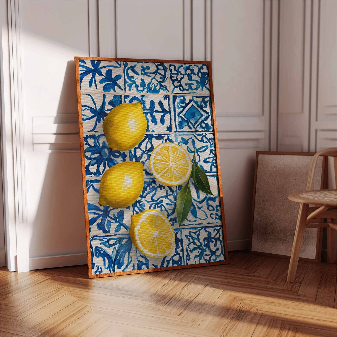 Fresh Vibrant Lemons and Halves with Leaves Blue Tile Art Poster - Image 2