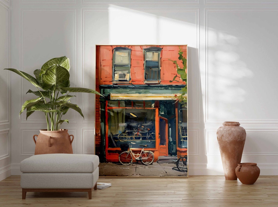 Orange Red Storefront White Bicycle City Street Painting Poster - Image 3