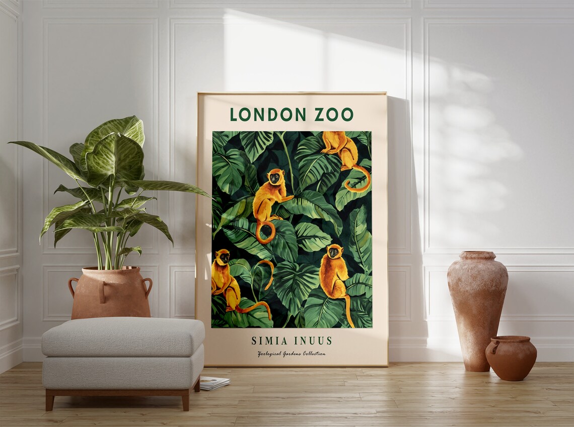 London Zoo Golden Monkeys Jungle Leaves Botanical Vintage Poster - Image 2