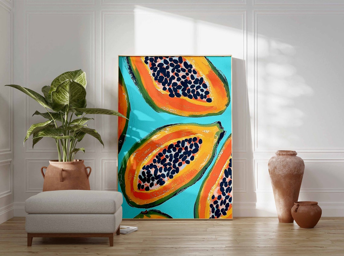 Lush Sliced Papaya Halves Turquoise Painterly Pop Art Poster - Image 3