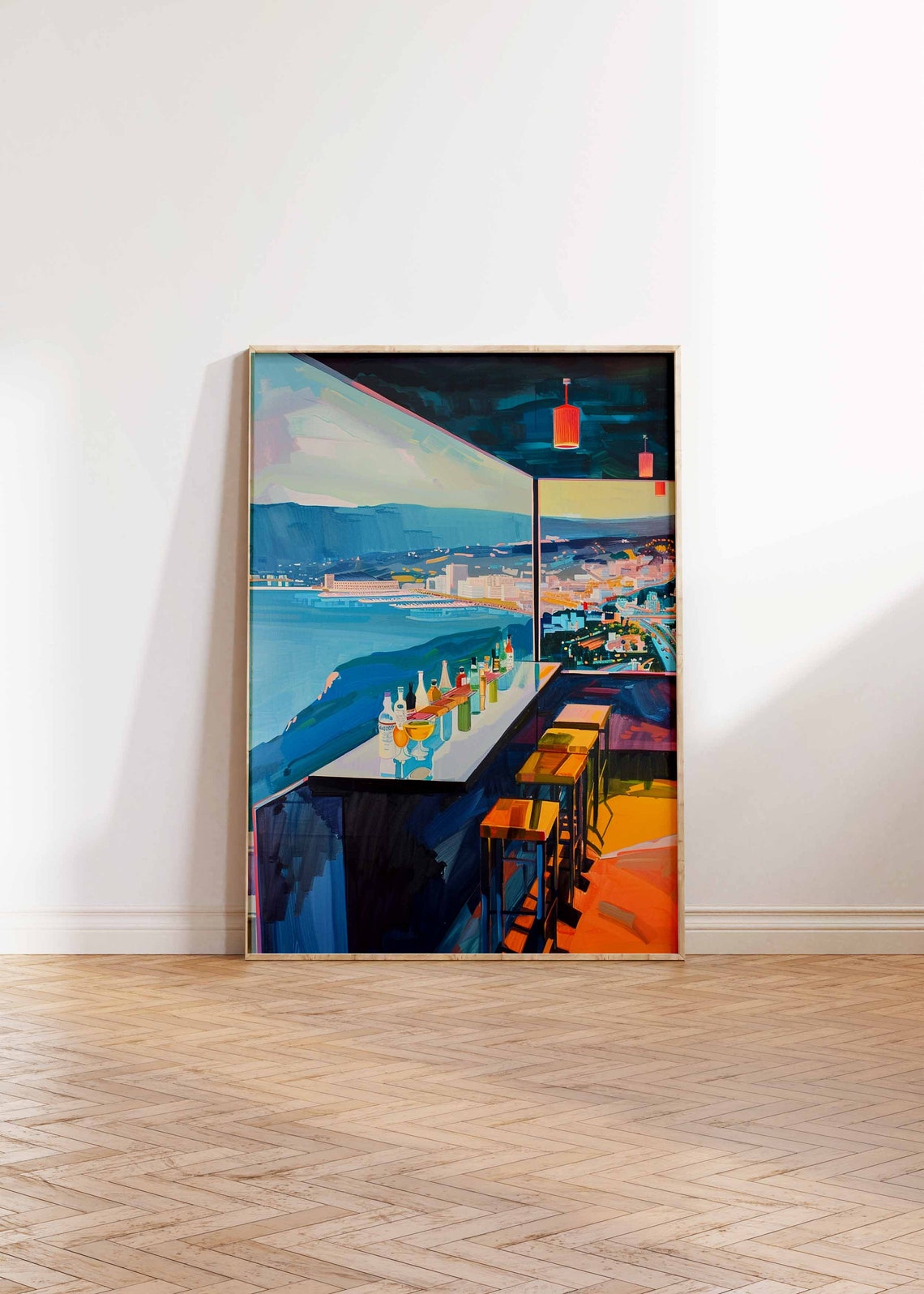 Rooftop Bar Night City Lights Bay View Modern Bar Art Poster - Image 2