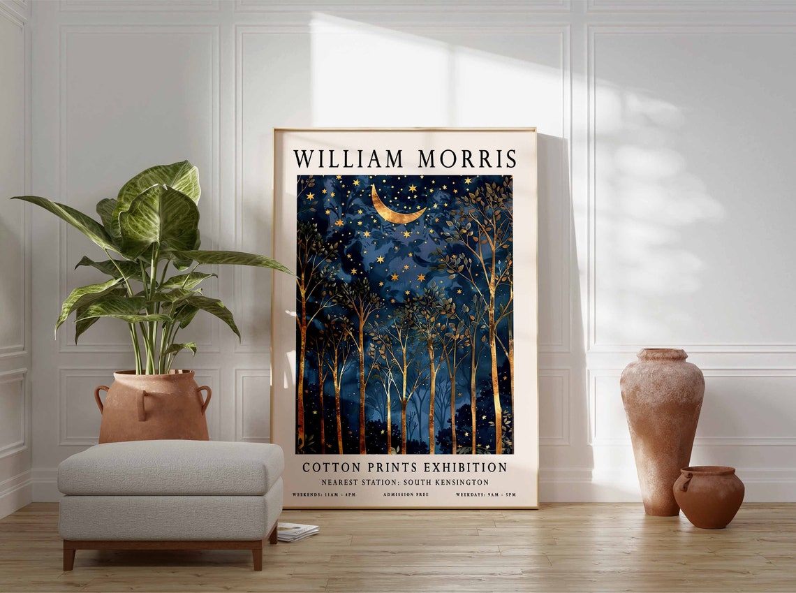 William Morris Golden Moonlit Forest Starry Night Exhibition Poster - Image 3