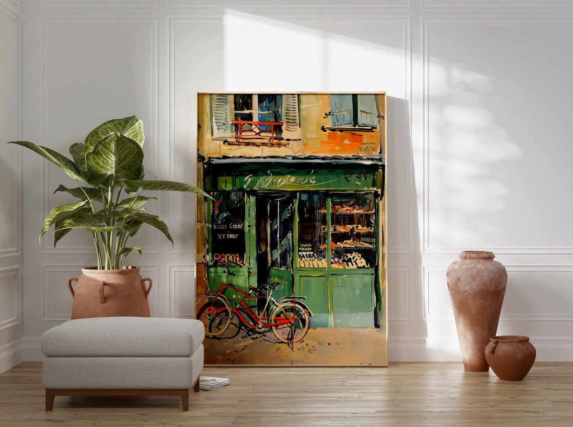 Green Storefront Red Bicycle Impressionist Street Scene Art Poster - Image 3