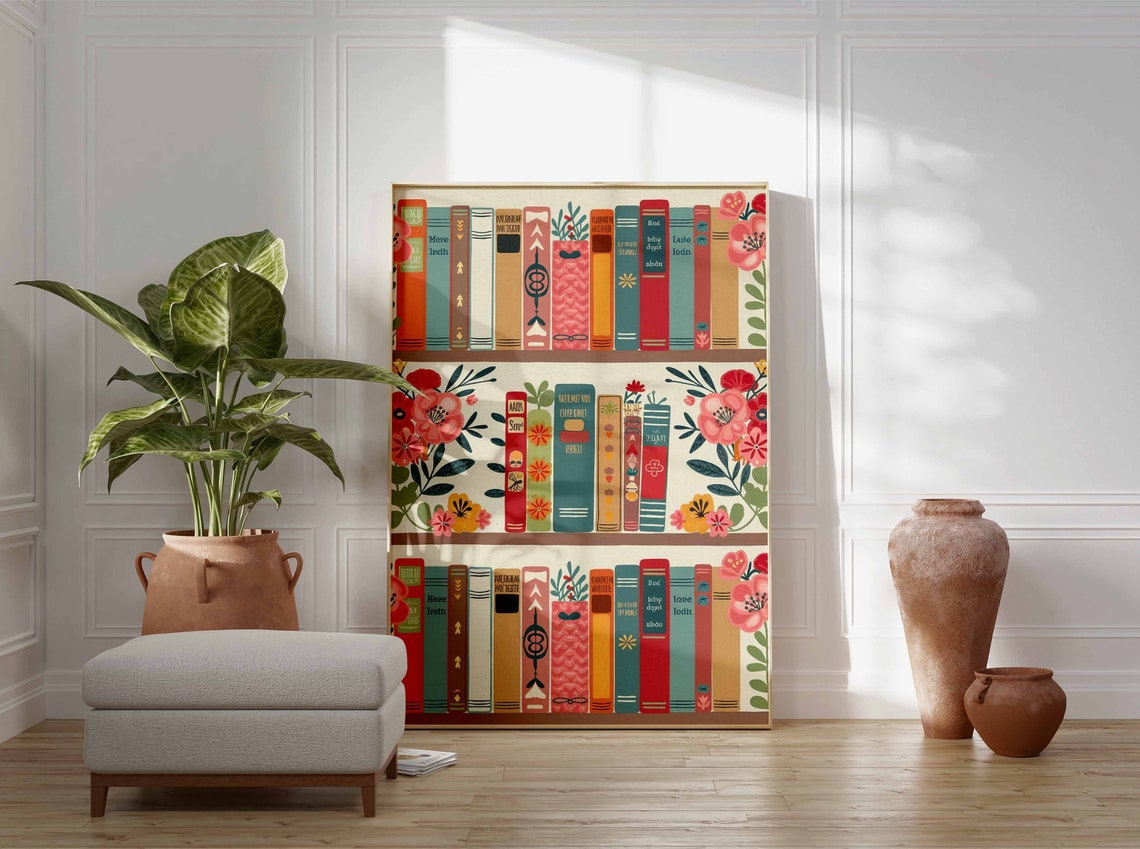 Colorful Bookshelf Rows with Pink Flowers Library Art Poster - Image 3