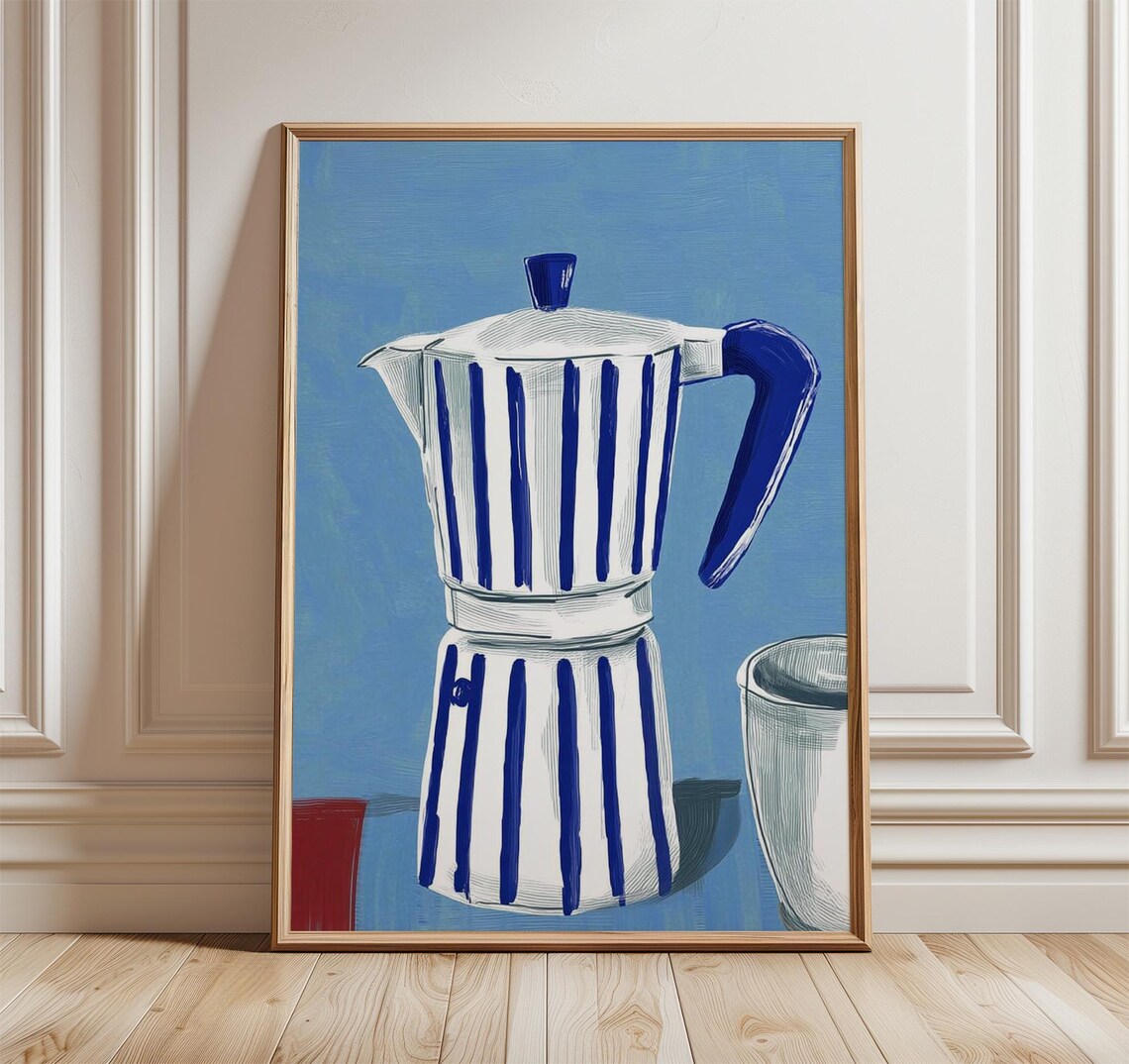Blue Coffee Maker Poster, Minimalist Kitchen Decor