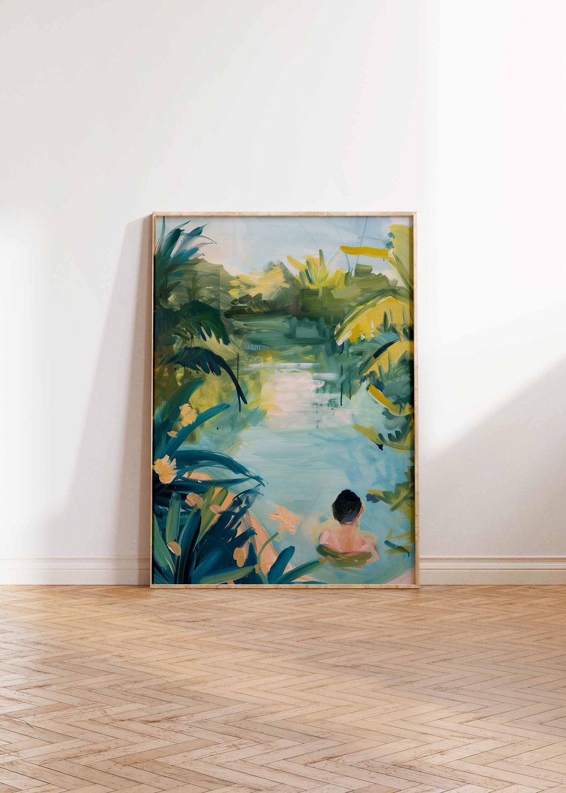 Floating Swimmer in Tropical Lagoon with Palm Trees Art Poster - Image 3