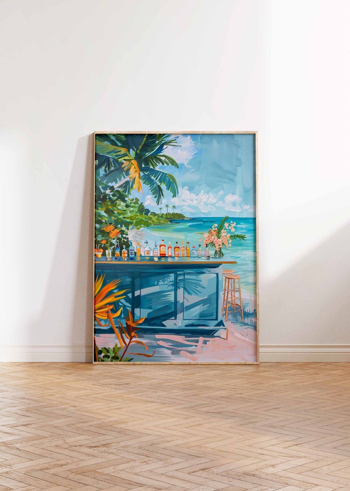 Blue Beach Bar Counter Tropical Flowers Turquoise Lagoon View Poster - Image 2