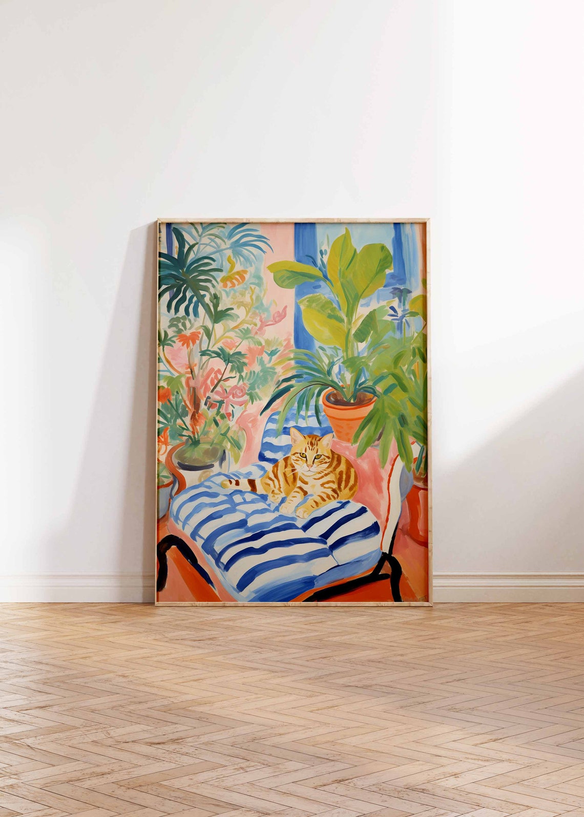 Orange Tabby Cat Resting on Striped Chair Among Plants Poster - Image 2