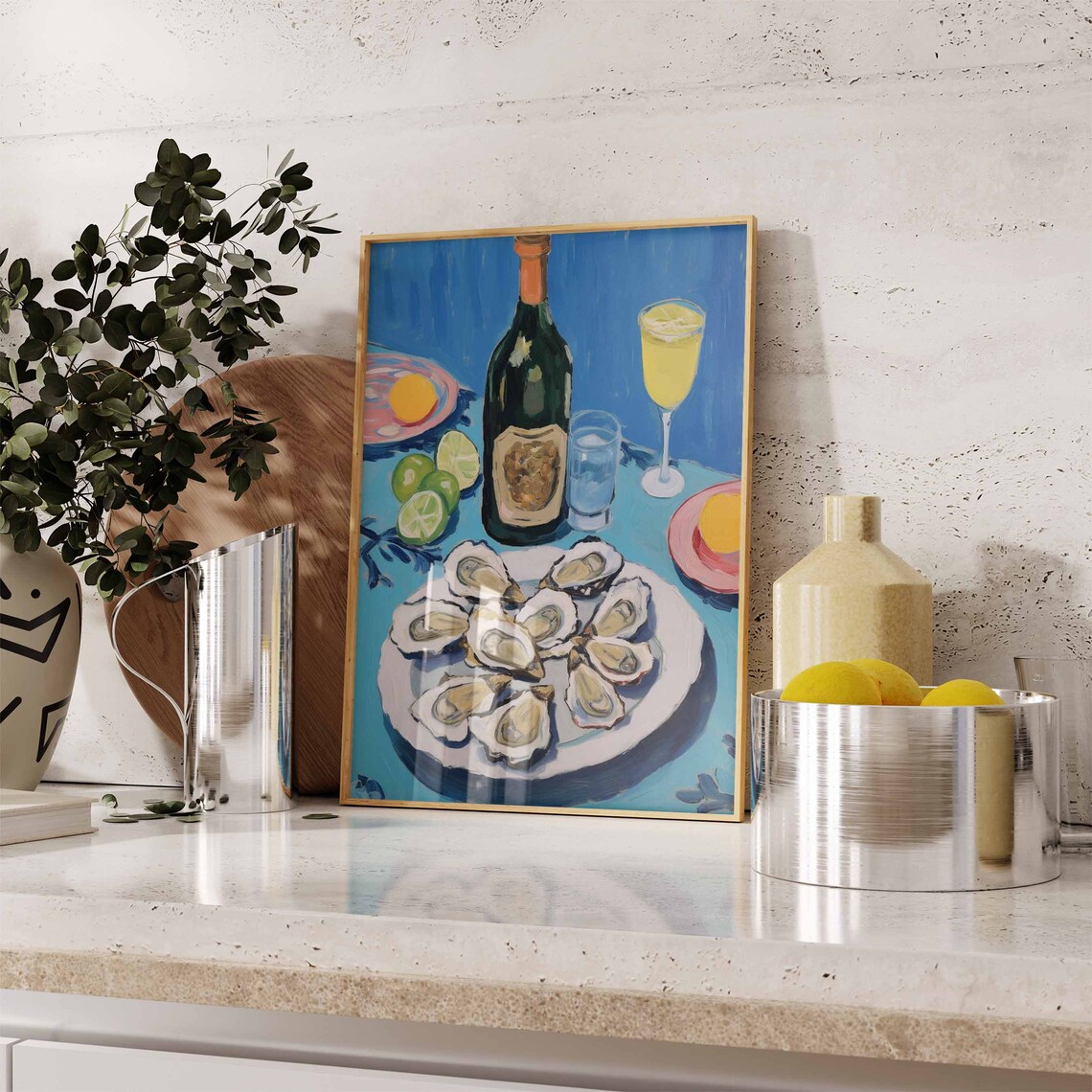 Oyster And Wine Feast Painterly Blue Table Still Life Food Poster - Image 3