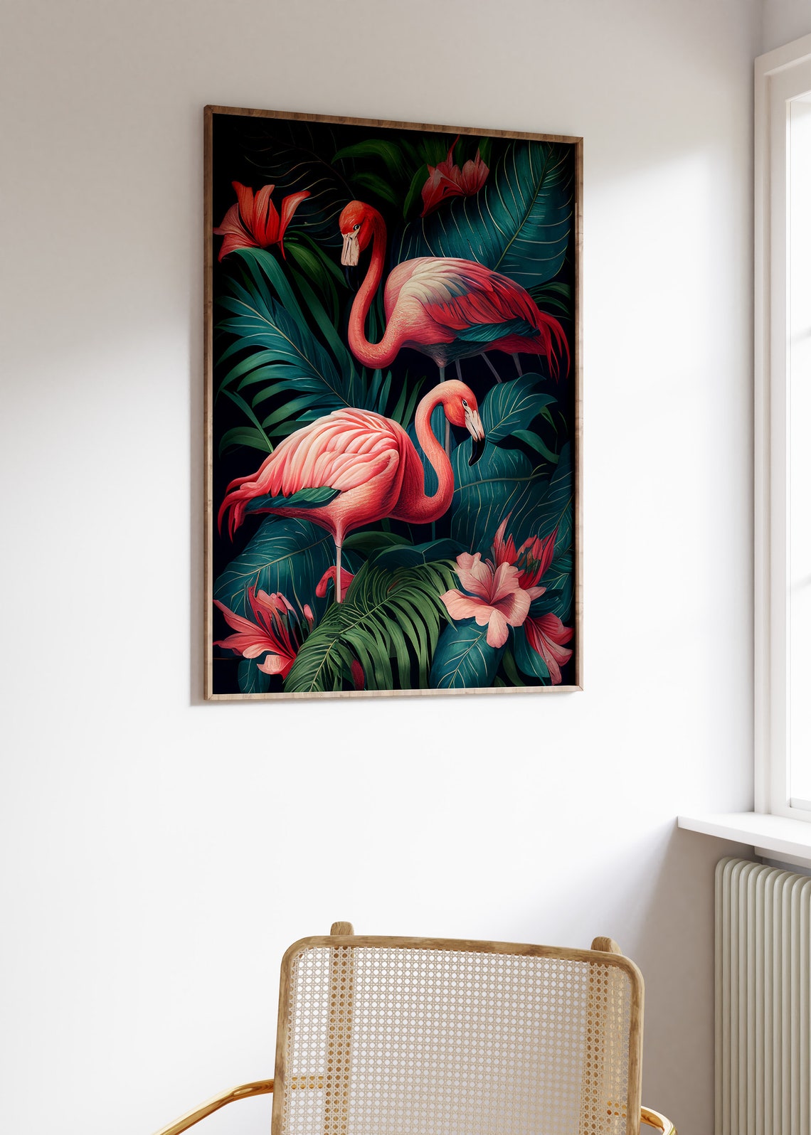 Pink Flamingo Pair Tropical Jungle Leaves Floral Bird Wall Art - Image 3