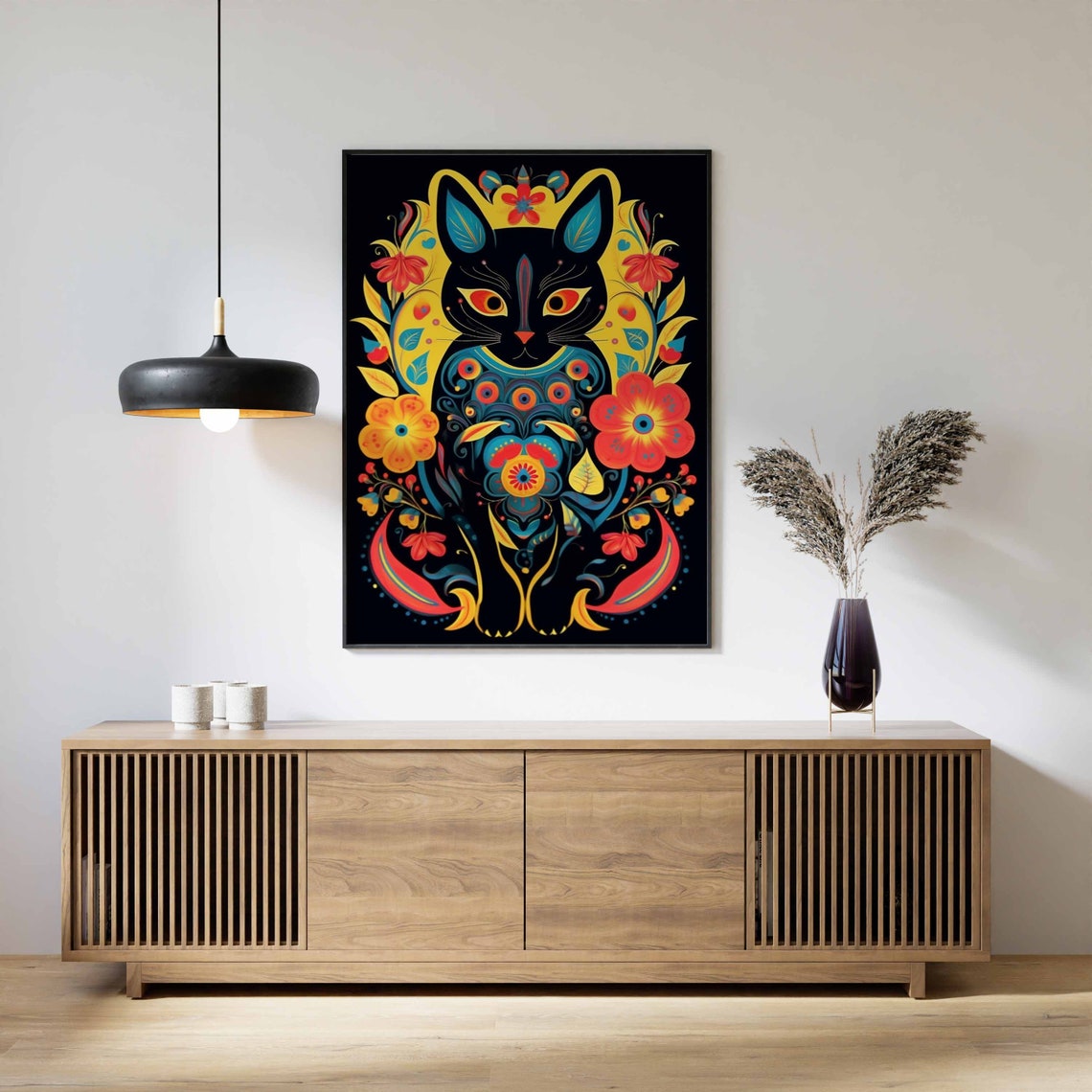 Mexican Folk Art Black Cat With Colorful Floral Pattern Poster - Image 3