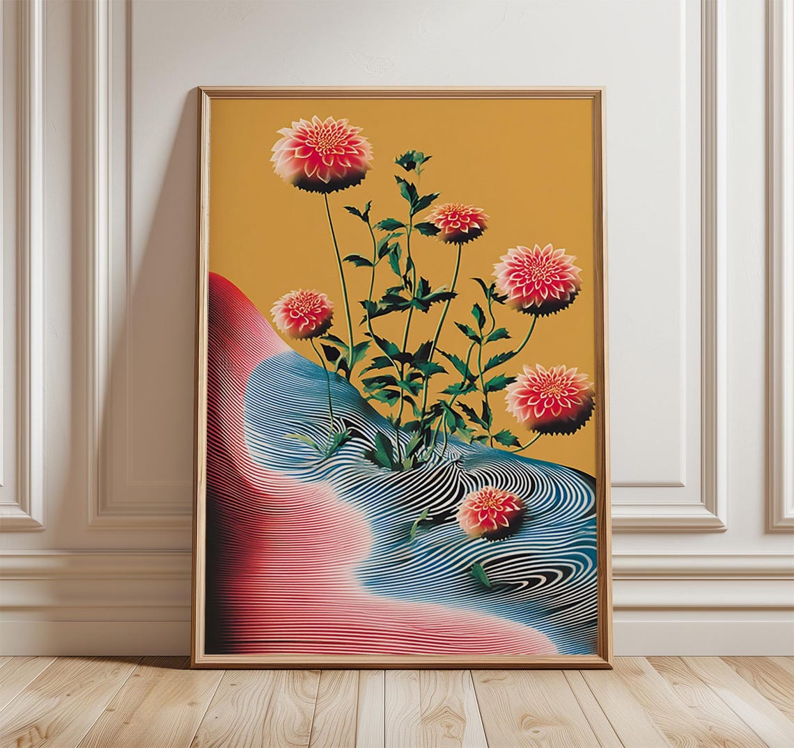 Pink Dahlia Flower Abstract Waves Golden Modern Floral Poster