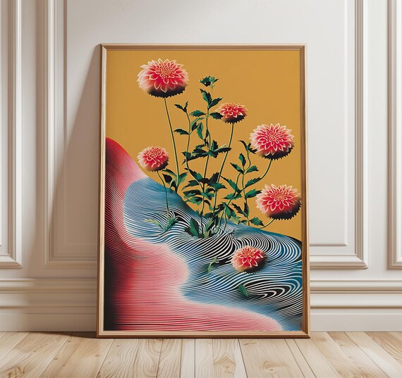 Pink Dahlia Flower Abstract Waves Golden Modern Floral Poster