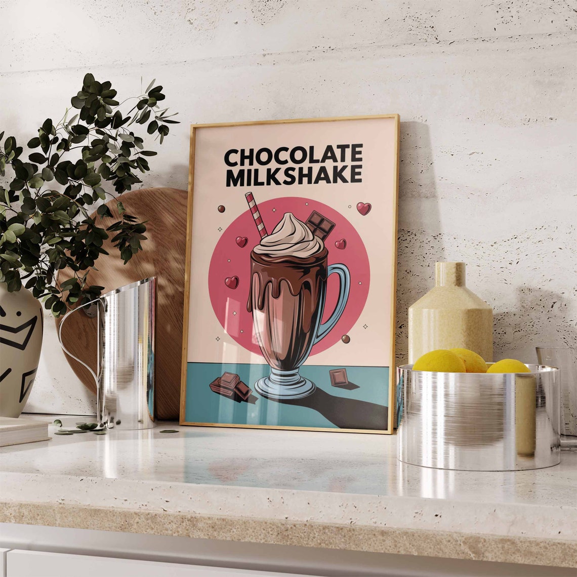 Retro Chocolate Milkshake Bold Black Lettering Pink Hearts Poster - Image 3