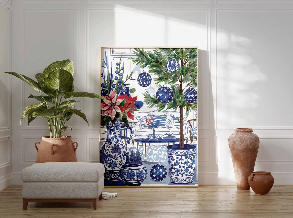 Chinoiserie Christmas Tree Blue Porcelain Ornaments Art Poster - Image 3
