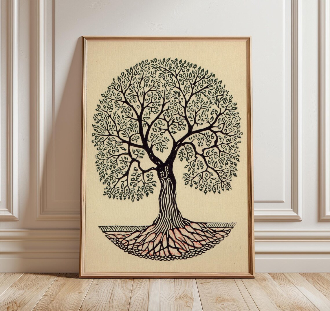 Tree Of Life Line Art Print Black Ink Nature Symbol Roots Wall Decor