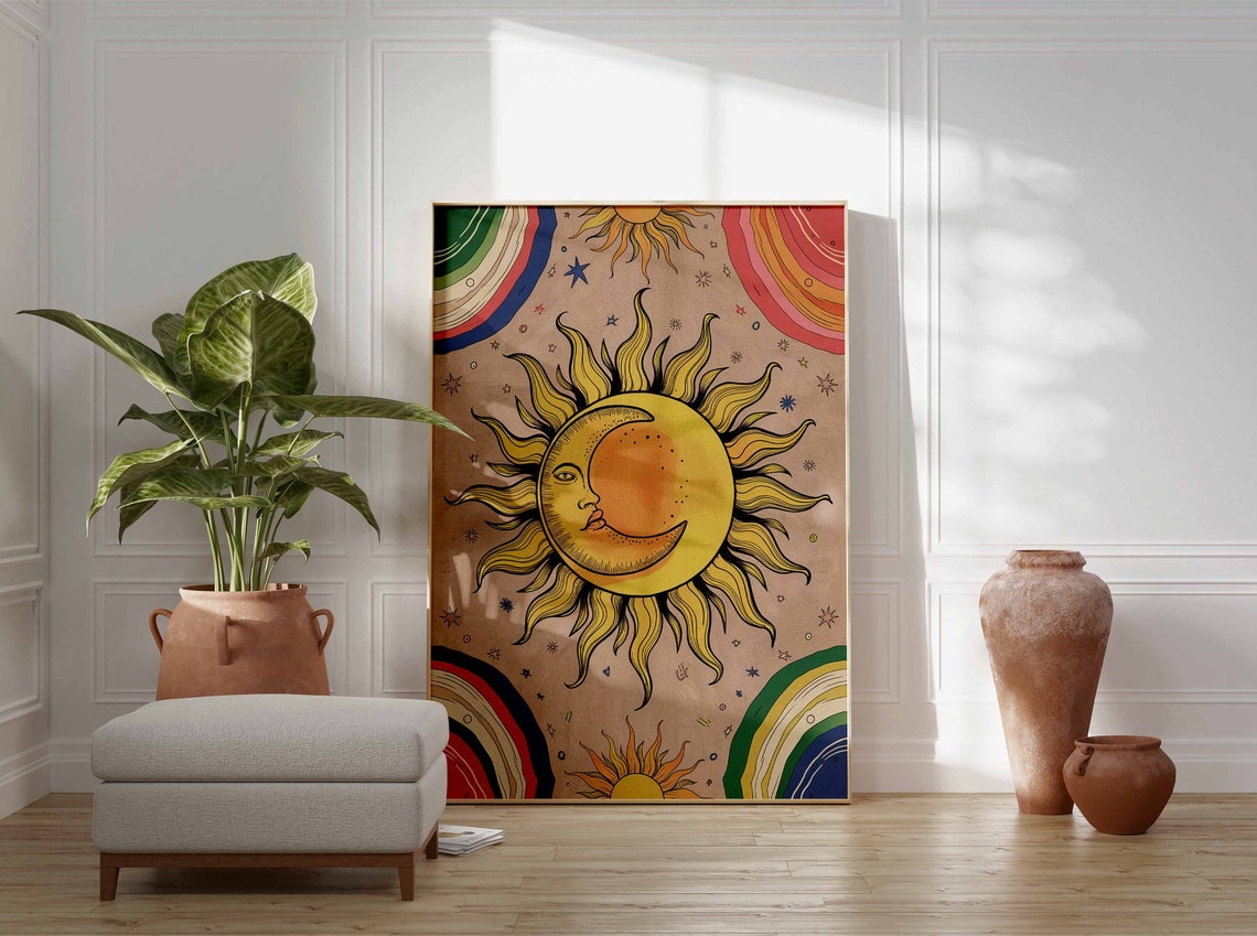 Retro 70s Groovy Sun And Moon Face Colorful Celestial Poster - Image 3