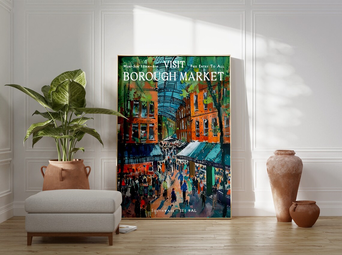 Visit Borough Market London Vintage Travel Scene Art Poster Gift - Image 2