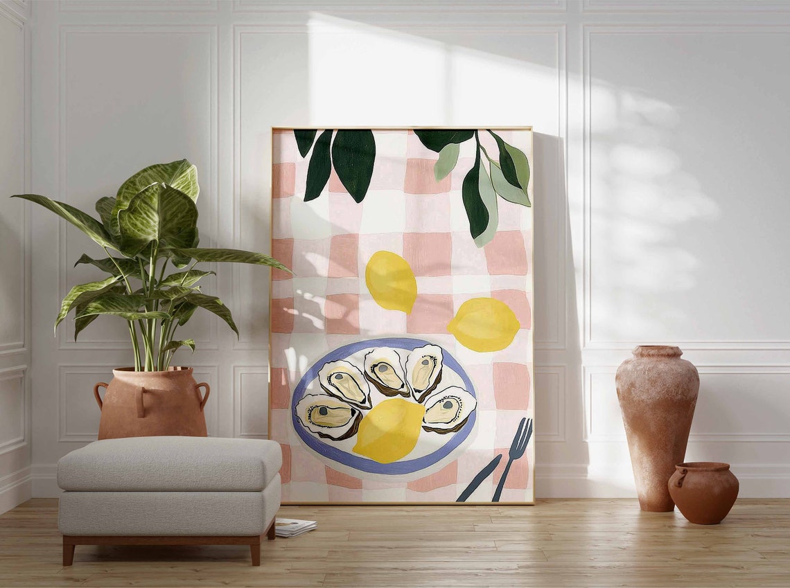 Oysters on Pink Gingham Lemon Seafood Coastal Kitchen Wall Art - Image 3